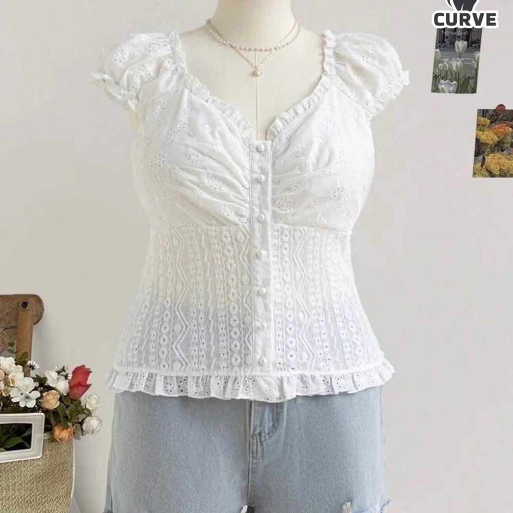 SHEIN White Eyelet Button-Up Blouse 4XL - Picture 1 of 5